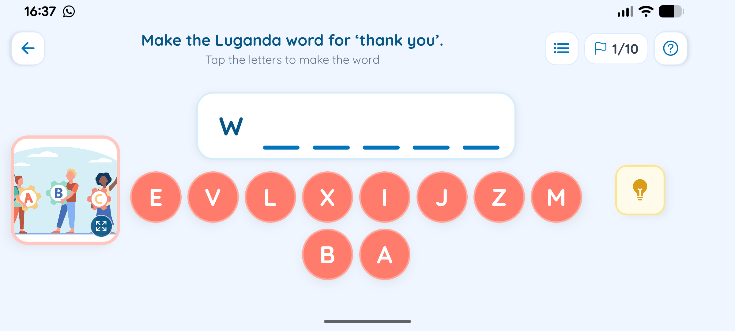 Baby Steps app screen: Build the word