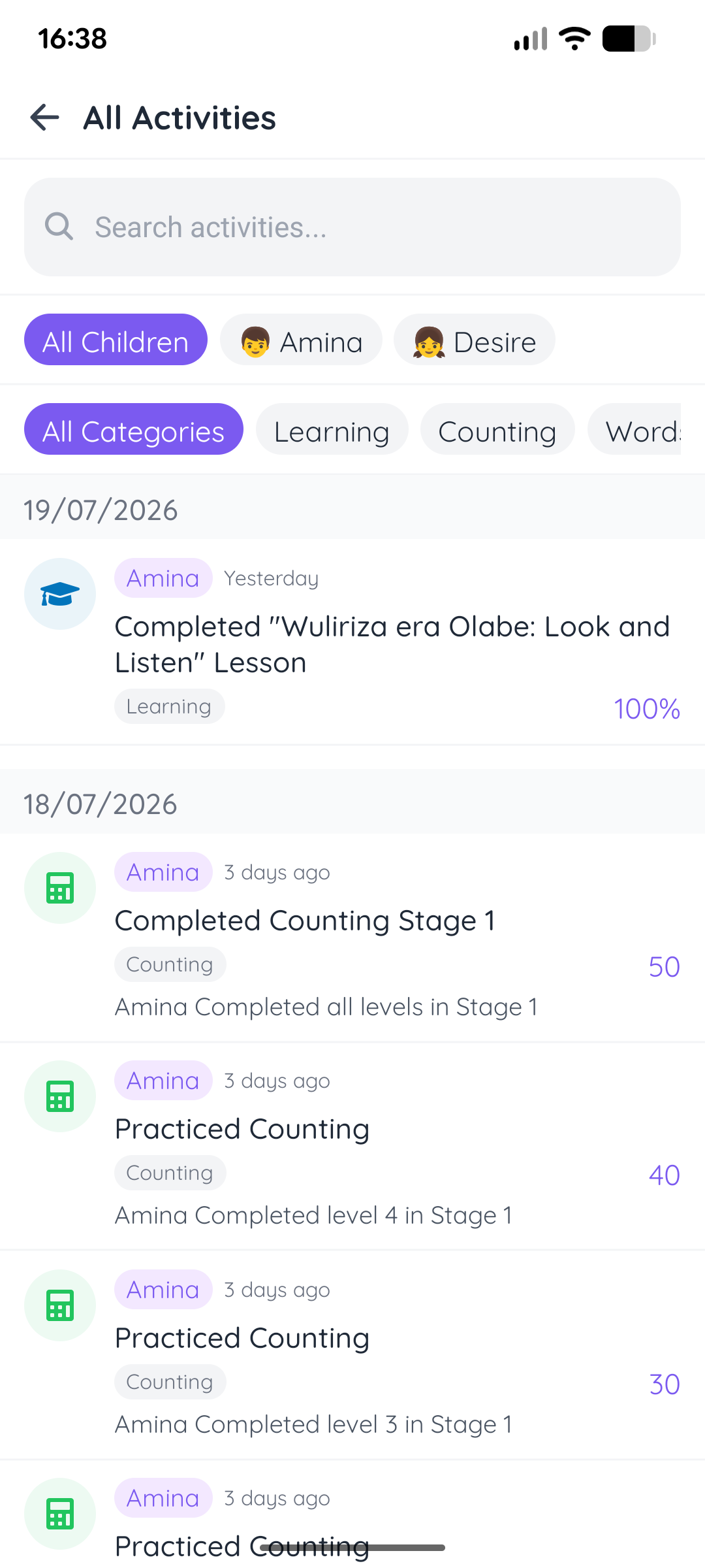 Baby Steps parent screen: All activity in one place