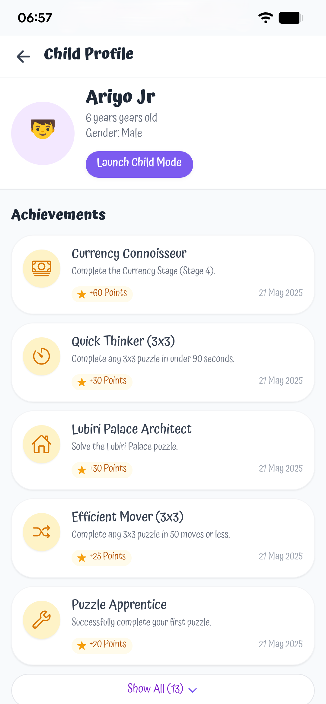 Baby Steps parent screenshot: Child Profile
