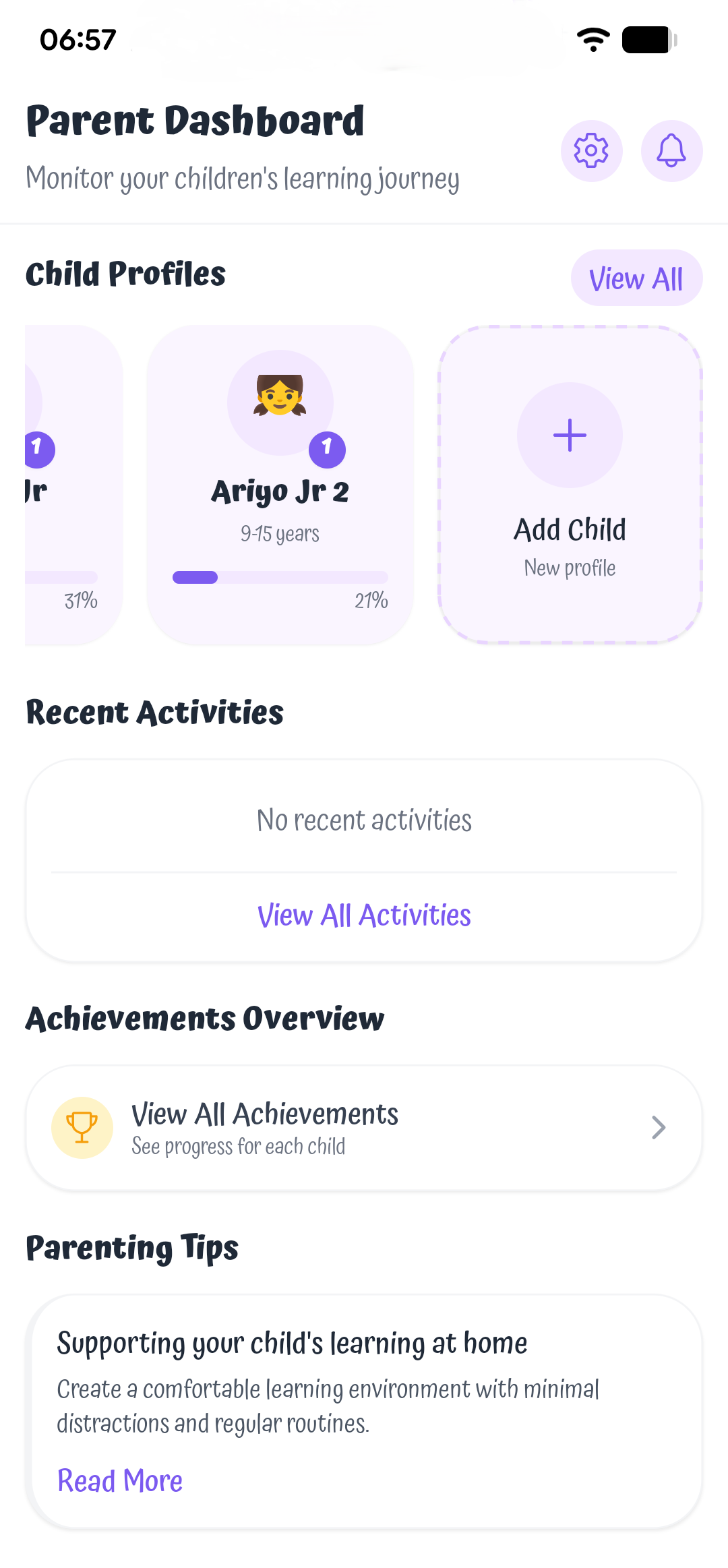 Baby Steps parent screenshot: Parent Dashboard