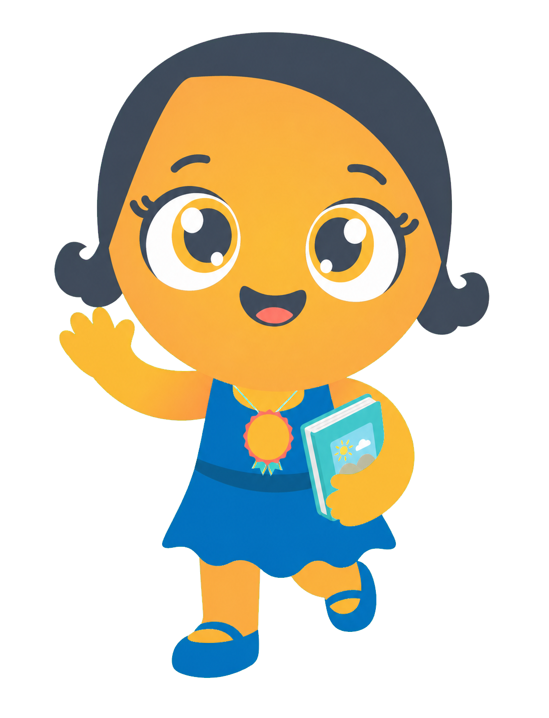 Shana, the Baby Steps mascot, waving and carrying a storybook